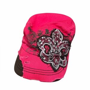 Vintage Y2K Leader Pink Embellished Cadet Cap | Studded Fleur De Lis Hat